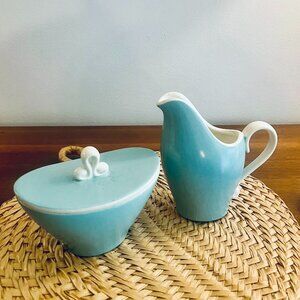 Metlox Street Scene Lidded Sugar Bowl and Creamer in Robin's Egg Blue